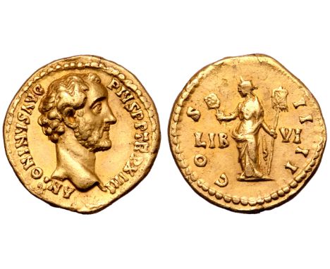 Antoninus Pius AV Quinarius. Rome, AD 150-151. ANTONINVS AVG PIVS P P TR P XIIII, bare head right / COS IIII, Liberalitas sta