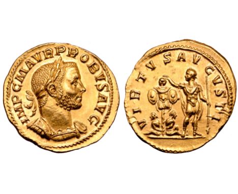 Probus AV Aureus. Lugdunum, AD 276. IMP C M AVR PROBVS AVG, laureate, draped and cuirassed bust right / VIRTVS AVGVSTI, Probu