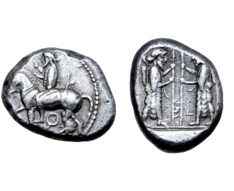 Cilicia, Tarsos AR Stater. Circa 440-400 BC. Horseman (Syennesis?) riding to left, holding lotus flower in right hand and rei