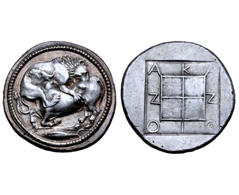 Macedon, Akanthos AR Tetradrachm. Circa 470-430 BC. Lion to right, attacking bull crouching to left with head raised; in exer