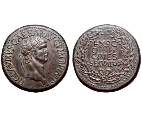 Claudius I Æ Sestertius. Rome, AD 41-42. TI CLAVDIVS CAESAR AVG P M TR P IMP, laureate head right / EX SC OB CIVES SERVATOS i