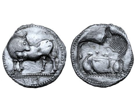 Lucania, Sybaris AR Stater. Circa 530-510 BC. Bull standing left, head right; VM in exergue / Incuse bull standing right, hea