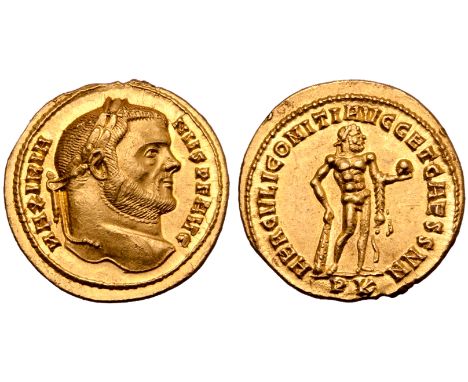 Maximian AV Aureus. Carthage, AD 296-305. MAXIMIANVS P F AVG, laureate head right / HERCVLI COMITI AVGG ET CAESS NN, Hercules