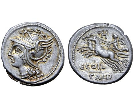 C. Coelius Caldus AR Denarius. Rome, 104 BC. Helmeted head of Roma left / Victory driving galloping biga left, holding reins 
