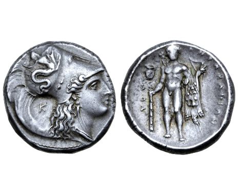 Lucania, Herakleia AR Stater. Circa 330-280 BC. Head of Athena right, wearing crested Corinthian helmet decorated with Skylla