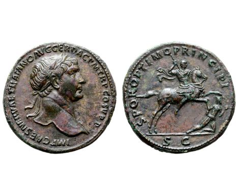 Trajan Æ Sestertius. Rome, AD 103-111. IMP CAES NERVAE TRAIANO AVG GER DAC PM TR P COS V P P, laureate bust right, slight dra