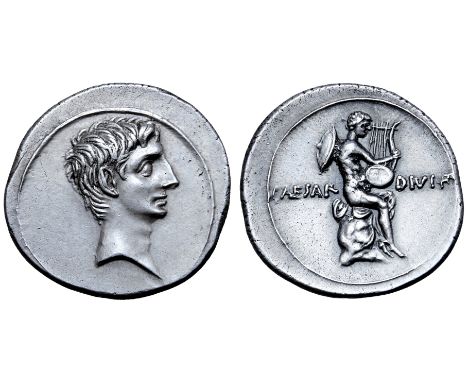 Octavian AR Denarius. Italian mint (Rome?), autumn 32 - summer 31 BC. Bare head right / Mercury (or Apollo), nude, seated to 