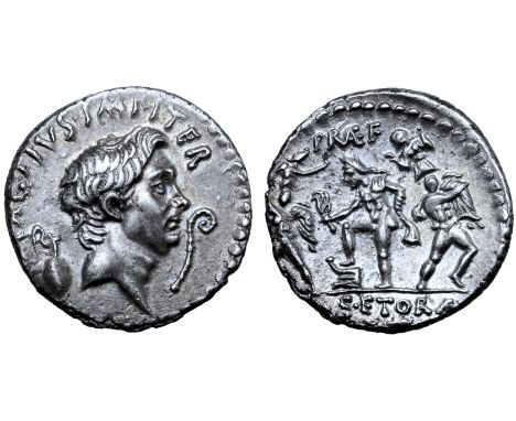Sextus Pompey AR Denarius. Uncertain mint in Sicily (Catania?), 42-40 BC. Bare head of Pompey Magnus right; capis behind, lit