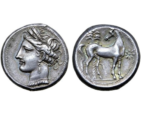 North Africa, Carthage AR Shekel. Circa 300-260 BC. Head of Tanit-Persephone left, wearing wreath of barley ears, pendant ear