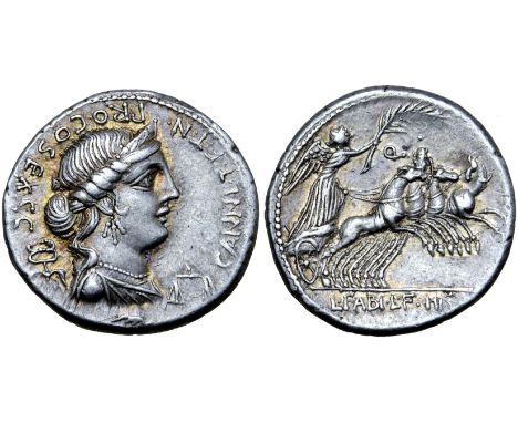 C. Annius T. f. T. n. and L. Fabius L. f. Hispaniensis AR Denarius. Mint in north Italy or Spain, 82-81 BC. Diademed and drap