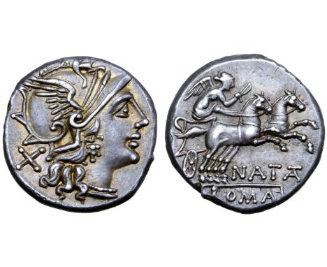 Pinarius Natta AR Denarius. Rome, 149 BC. Helmeted head of Roma right; X behind / Victory driving galloping biga right, holdi