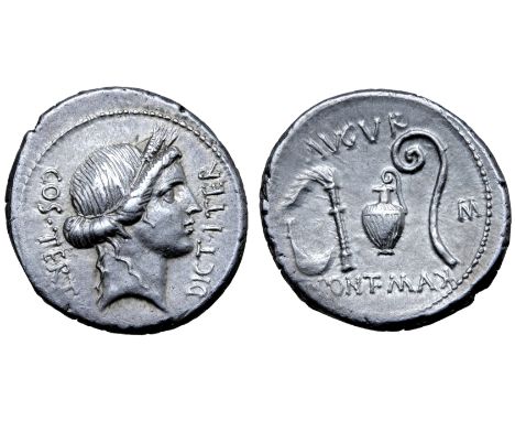 Julius Caesar AR Denarius. Uncertain mint, 46 BC. Head of Ceres right, wearing grain ear wreath; COS•TERT downwards behind, D