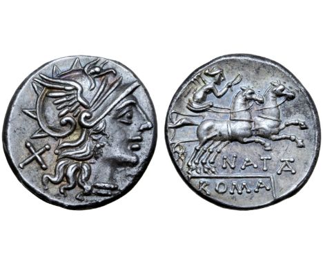 Pinarius Natta AR Denarius. Rome, 149 BC. Helmeted head of Roma right; X behind / Victory driving galloping biga right, holdi