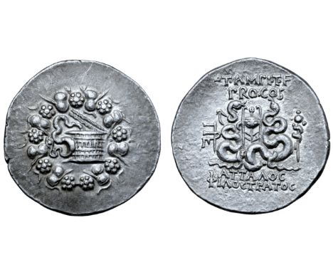 T. Ampius T. f. Balbus AR Cistophoric Tetradrachm. Attalos and Philostratos, magistrates. Pergamum, 58-57 BC. Serpent emergin