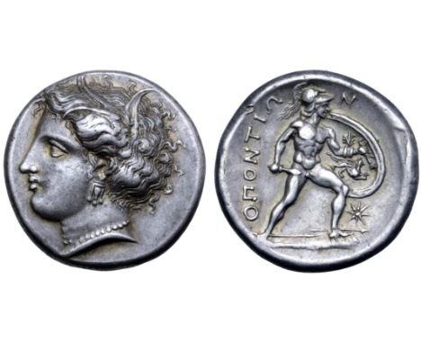 Lokris, Lokris Opuntii AR Stater. Circa 360-50 BC. Head of Persephone left, wearing grain wreath, triple-pendant earring, and