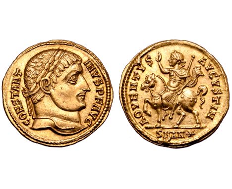 Constantine I AV Solidus. Antioch, AD 324-325. CONSTANTINVS P F AVG, laureate head right / ADVENTVS AVGVSTI N, Constantine on