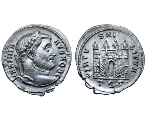 Galerius, as Caesar, AR Argenteus. Thessalonica, AD 302. MAXIMIANVS NOB C, laureate head right / VIRTVS MILITVM, four-turrete