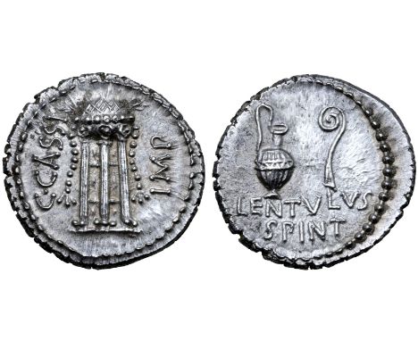 C. Cassius Longinus and P. Cornelius Lentulus Spinther AR Denarius. Military mint travelling with Brutus (Smyrna?), 43-42 BC.