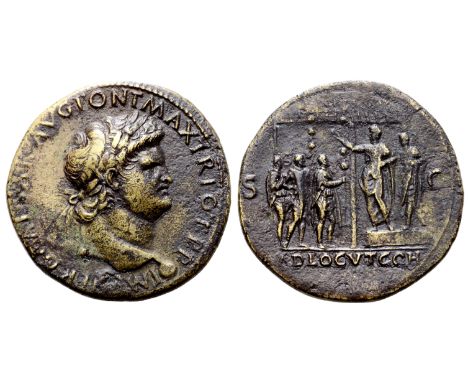 Nero Æ Sestertius. Lugdunum, AD 66. IMP NERO CAESAR AVG PONT MAX TR POT P P, laureate head right, globe at point of bust / Ne