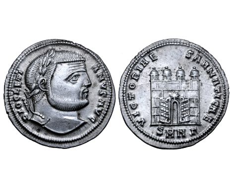 Diocletian AR Argenteus. Nicomedia, AD 295-296. DIOCLETIANVS AVG, laureate head right / VICTORIAE SARMATICAE, four-turreted c