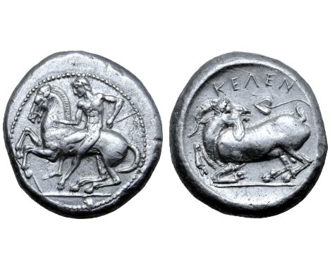 Cilicia, Kelenderis AR Stater. Circa 425-410 BC. Nude rider, holding whip in his left hand, jumping from horse galloping to l