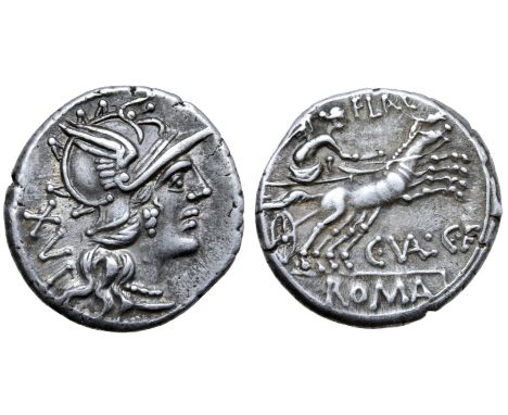 C. Valerius C. f. Flaccus AR Denarius. Rome, 140 BC. Helmeted head of Roma right; XVI behind / Victory driving galloping biga