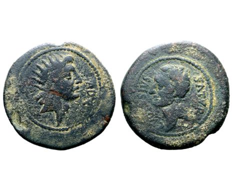 Augustus Æ Dupondius of Hadrumentum, Africa. L. Volusius Saturninus, proconsul. Struck 7-6 BC. Radiate head of Sol right; tri