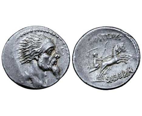 L. Hostilius Saserna AR Denarius. Rome, 48 BC. Head of Gallic captive right; [Gallic shield behind] / Two warriors in gallopi