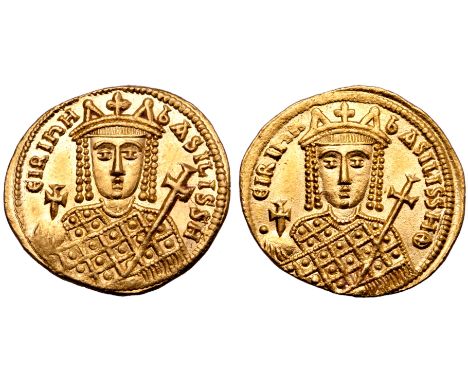 Irene AV Solidus. Constantinople, AD 797-802. ?IPI?H ?ASILISSH, crowned facing bust of Irene, wearing loros, holding globus c