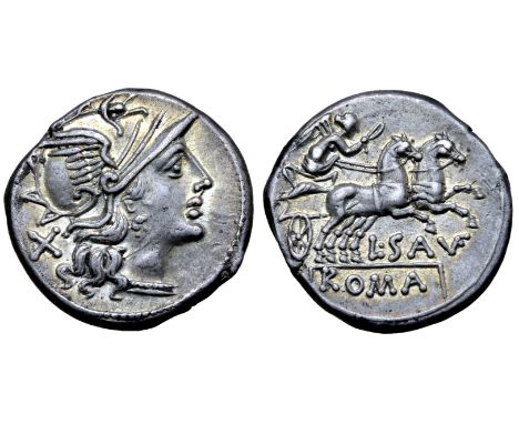 L. Saufeius AR Denarius. Rome, 152 BC. Helmeted head of Roma right; X behind / Victory driving galloping biga right, holding 