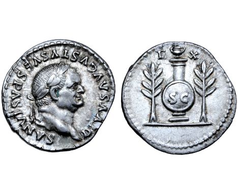 Divus Vespasian AR Denarius. Struck under Titus. Rome, AD 80-81. DIVVS AVGVSTVS VESPASIANVS, laureate head right / Shield ins