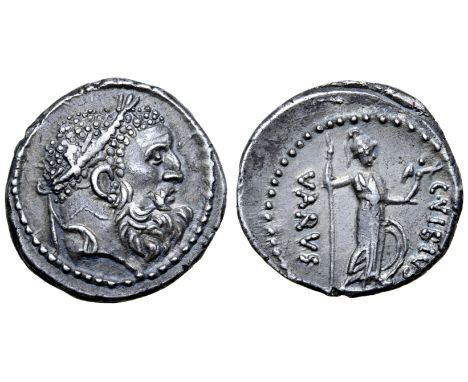 C. Vibius Varus AR Denarius. Rome, 42 BC. Laureate and bearded head of Hercules right / Minerva standing right, holding spear