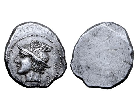 Etruria, Populonia AR Didrachm. 4th century BC. Head of Turms left, wearing winged petasos, Etruscan legend 'poepl' around; a