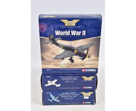 THREE BOXED 1/72 SCALE CORGI AVIATION ARCHIVE DIECAST MODEL AIRCRAFTS, the first is a Junkers Ju, numbered 32504, the second 
