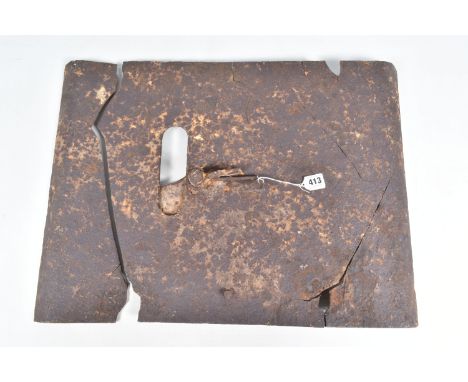 A WWI RELIC OF A METAL SNIPERS PROTECTIVE PLATE, split in two with numerous cracks throughout, aged all over with rust and lo