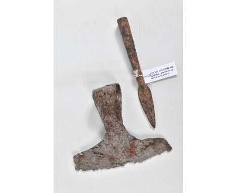 TWO ANCIENT WEAPONS, to include an axe head and a Celtic spearhead, the axe head is believed to be circa 400 A.D and from the