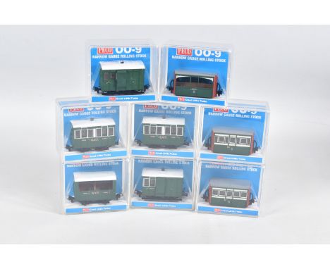 EIGHT CASED PECO OO-9 NARROW GAUGE ROLLING STOCK, to include two of the Glyn Valley Tramway 4 Wheel Enclosed Side Coach, item