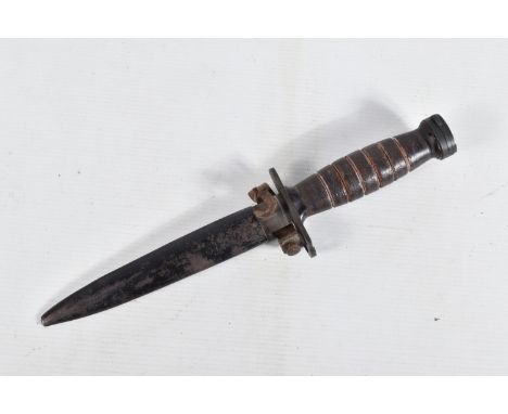 A UNITED STATES FIGHTING KNIFE WITH A NON MATCHING SCABBARD, the blade has no markings on it but the end of the handle is sta