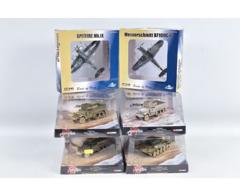 FOUR BOXED CORGI CLASSICS WWII LEGENDS MILITARY VEHICLES, D-Day Landings M3A 1 Half-Track, No.CC60402, Cromwell Tank, No.CC60