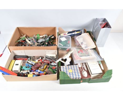 THREE TRAYS OF LOOSE BAYKO BUILDING SETS, MILITARY MODEL AIRCRAFTS AND MODEL VEHICLES, Bayko building set includes two folder