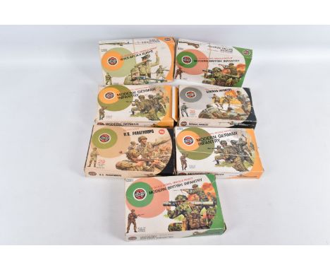 SEVEN BOXED AIRFIX 1:32 SCALE MILITARY SERIES FIGURES KITS, to include a WWII Afrika Korps item no. 51457-0, two modern Briti