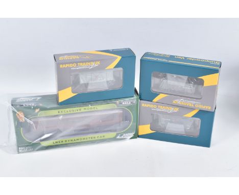 FOUR BOXED OO GAUGE RAPIDO TRAINS UK MODEL RAILWAYS ROLLING STOCK, to include a GPV Gunpowder van Diag in GWR Black no. 10577