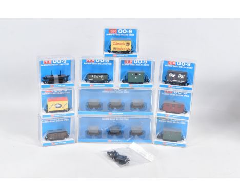 ELEVEN CASED PECO OO-9 NARROW GAUGE ROLLING STOCK,  to include a Box Van, 'Colemans Mustard', item no. GR-900, a Box Van, 'Ba