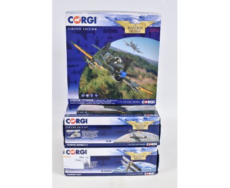 THREE BOXED LIMITED EDITION 1/72 SCALE CORGI AVIATION ARCHIVE DIECAST MODEL ARICRAFTS, the first is a Hawker Fury, numbered A