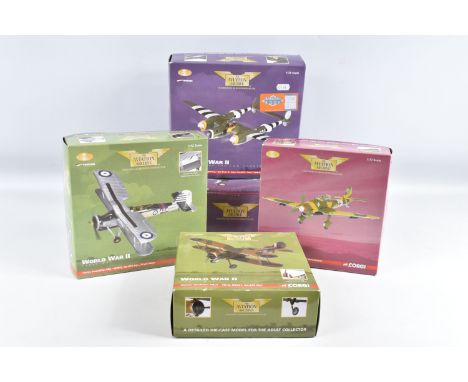 FIVE BOXED 1/72 SCALE DIECAST CORGI AVIATION ARCHIVE MODEL AIRCRAFTS, the first a Gloster Gladiator numbered AA36201, model a
