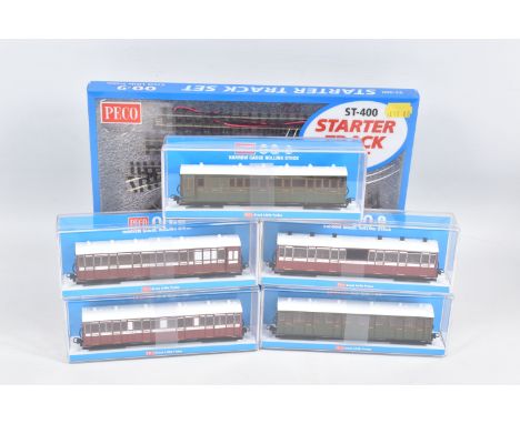 FIVE CASED PECO OO-9 NARROW GAUGE ROLLING STOCK, to include a Composite Coach, L&amp;B Livery, no. 5, item no. GR-400A, a Com