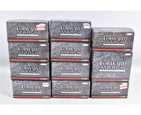 TWELVE BOXED CORGI FORWARD MARCH HAND PAINTED METAL 1.32 SCALE FIGURES, to include a Battle of  The Somme German lying Dead i