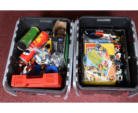 TWO PLASTIC CRATES OF LOOSE LEGO PARTS, including both modern and vintage pieces, quantity of instructions some included are 
