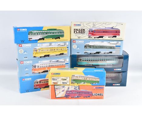 TEN BOXED DIECAST CORGI MODEL PCC STREETCARS (TRAMS), to include two diecast collectibles model trams, the first is a PCC Str