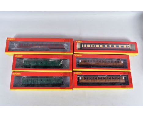 SIX BOXED HORNBY 00 SCALE COACHES, to include a BR Bogie Passenger Brake, numbered R4536B, a BR Bogie Passenger Brake, S 204 